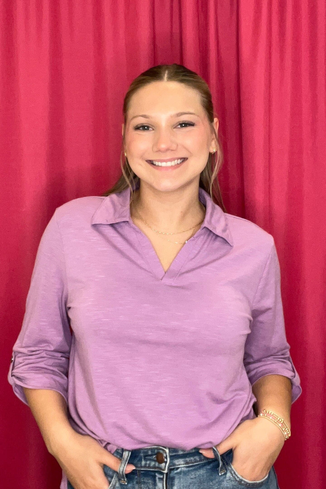 V-Neck Collared 3/4 Sleeve Top MISSY TOP SPECIAL SOUTHERN LADY 