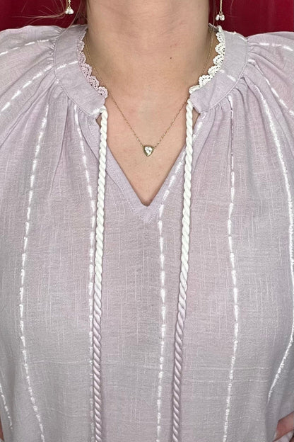 3/4 Blouson Sleeve Split Neck w/Crochet Edge Trim &amp; Woven Top MISSY TOP SPECIAL DEMOCRACY 