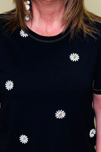 Short Sleeve Crew Neck Top w/Embroidered Daisies MISSY TOP SPECIAL TRIBAL 