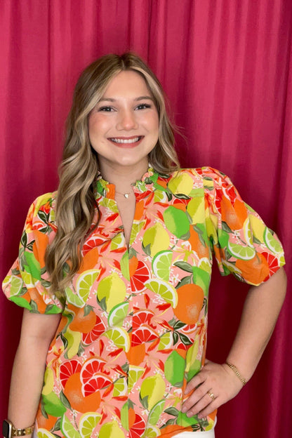 Fruit Print Boxy Cut Smoked Split Neck Top JR TOP DRESSY UMGEE 