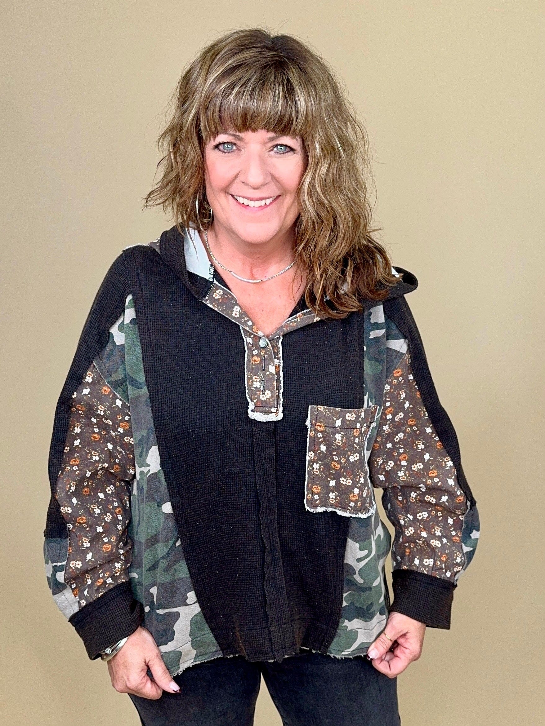 Long Sleeve Hoodie w/ Patchwork Floral &amp; Camo JRTOP CASUAL TOP POL CLOTHING 