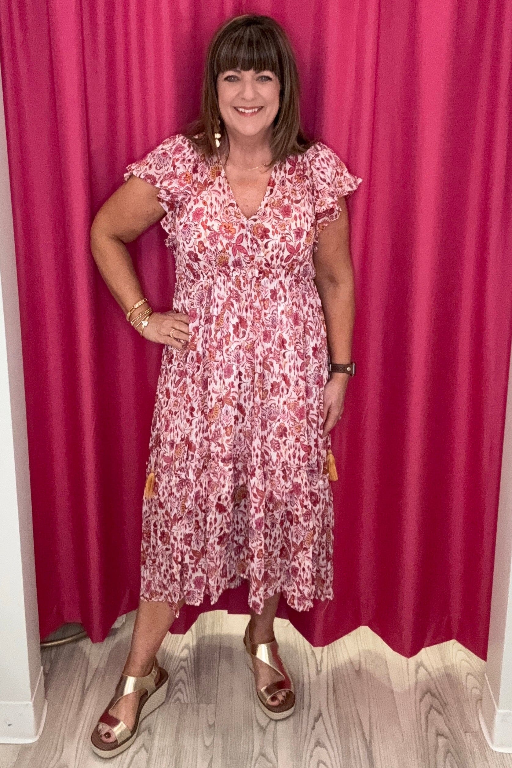 Floral Print V-Neck Ruffle Dress w/Side Waist Tassel DRESS UMGEE 