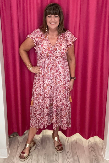 Floral Print V-Neck Ruffle Dress w/Side Waist Tassel DRESS UMGEE 