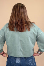 Raw Edge Cropped V Neck Sweatshirt - Olive JRTOP CASUAL TOP BLUPEPPER 