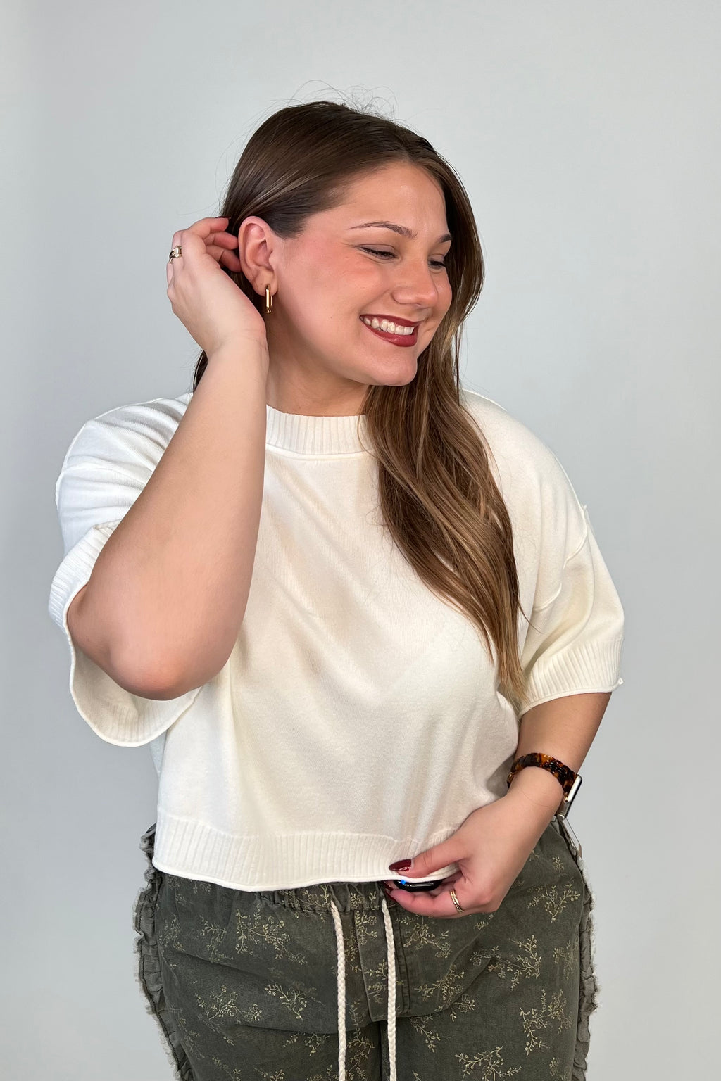 Mock Neck Short Sleeve Sweater - Bone