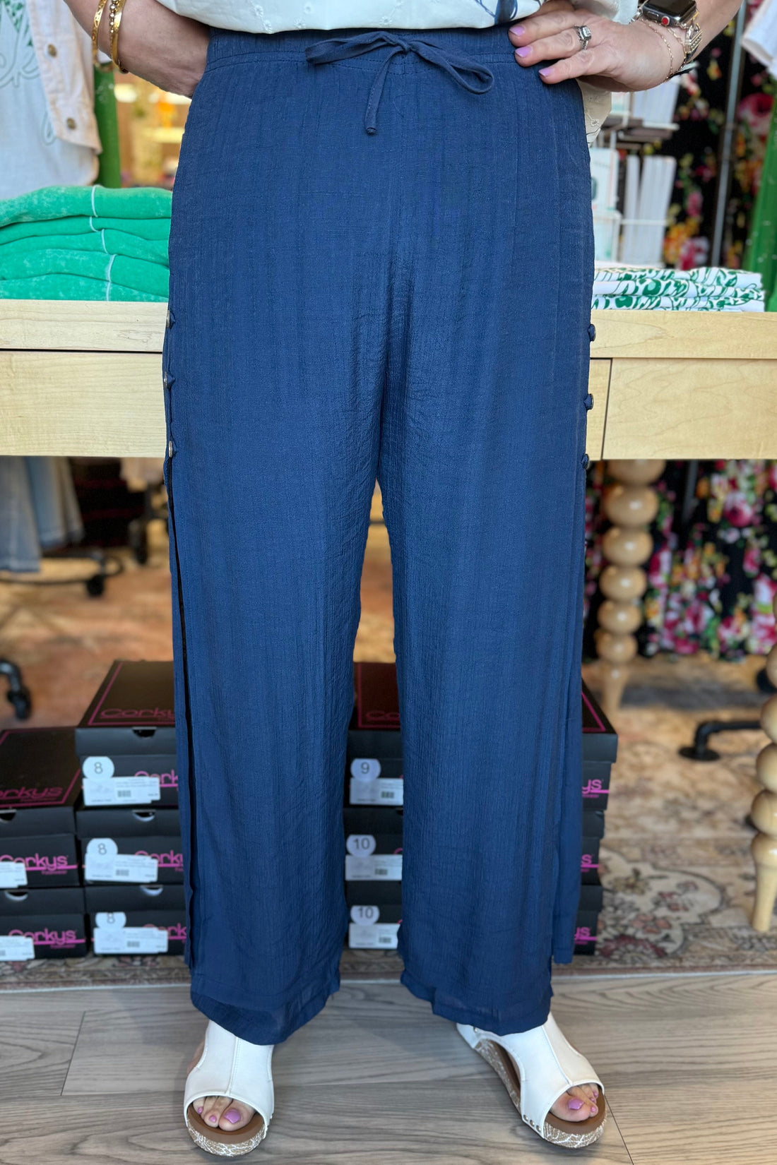 Pull On Gauze Pant with Button Detail BOTTOMS CREATION NVY S 