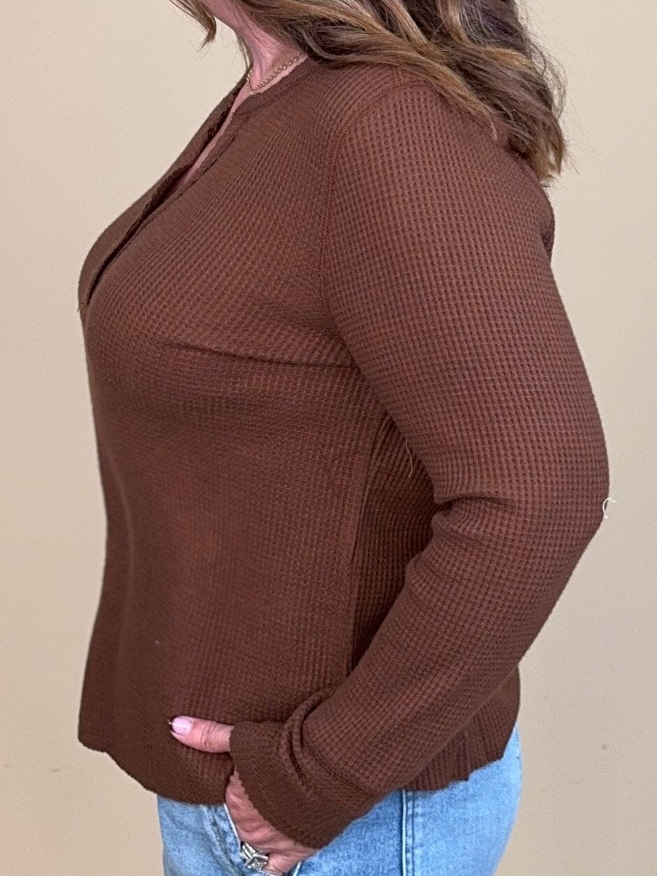Brushed Waffle Knit Henley Long Sleeve Top - Chocolate MISSY BASIC KNIT:~~Unassigned~~ TRIBAL 