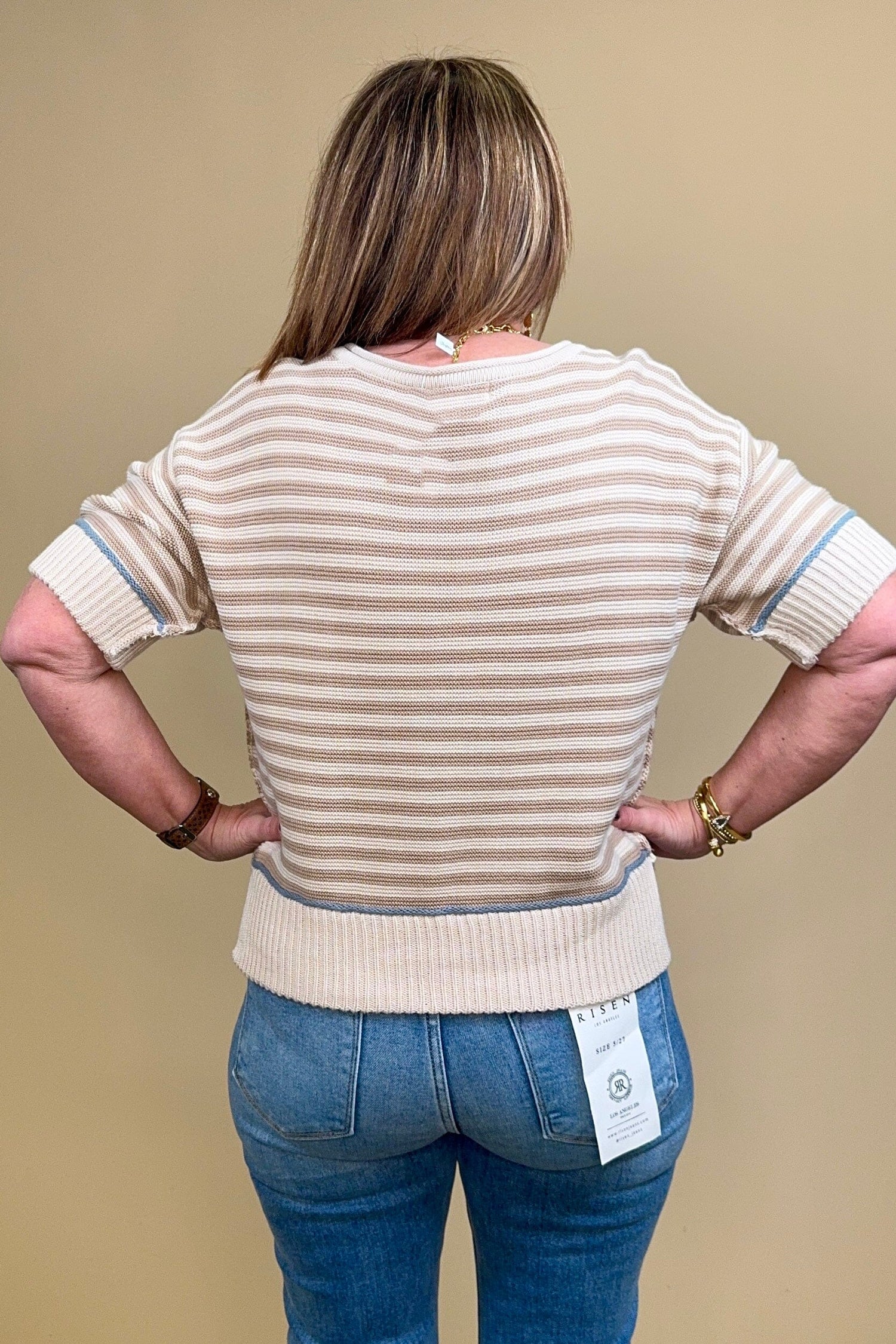 Stripe Raw Edge Detail Contrast Trim Sweater JRTOP CASUAL TOP BLUPEPPER 