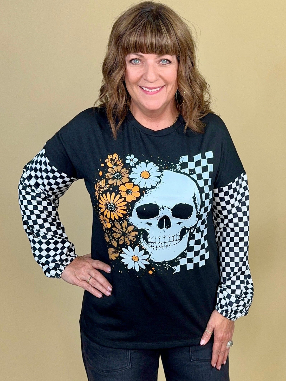 Skull &amp; Floral Checkered Long Sleeve Top JRTOP CASUAL TOP:~~Unassigned~~ YOURFASHIONWHOL 