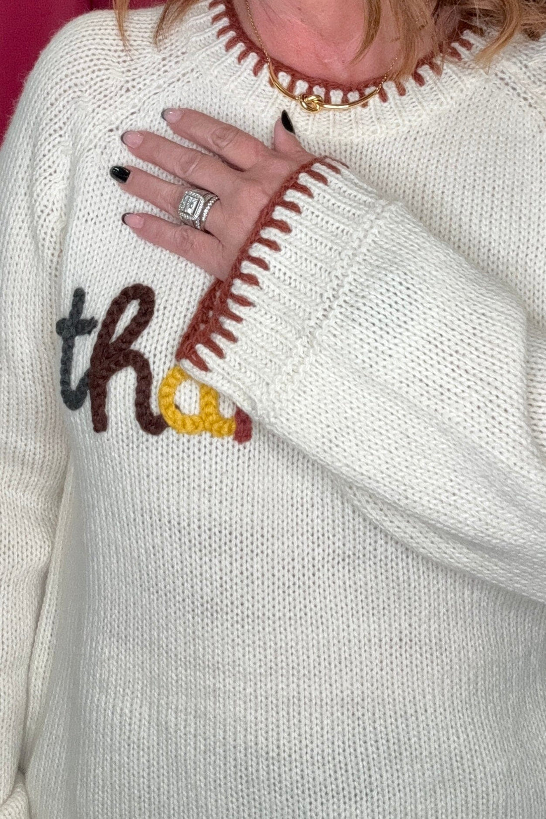 Thankful Lettering Thanksgiving Sweater w/Blanket Stitch JRTOP CASUAL TOP SO ME 