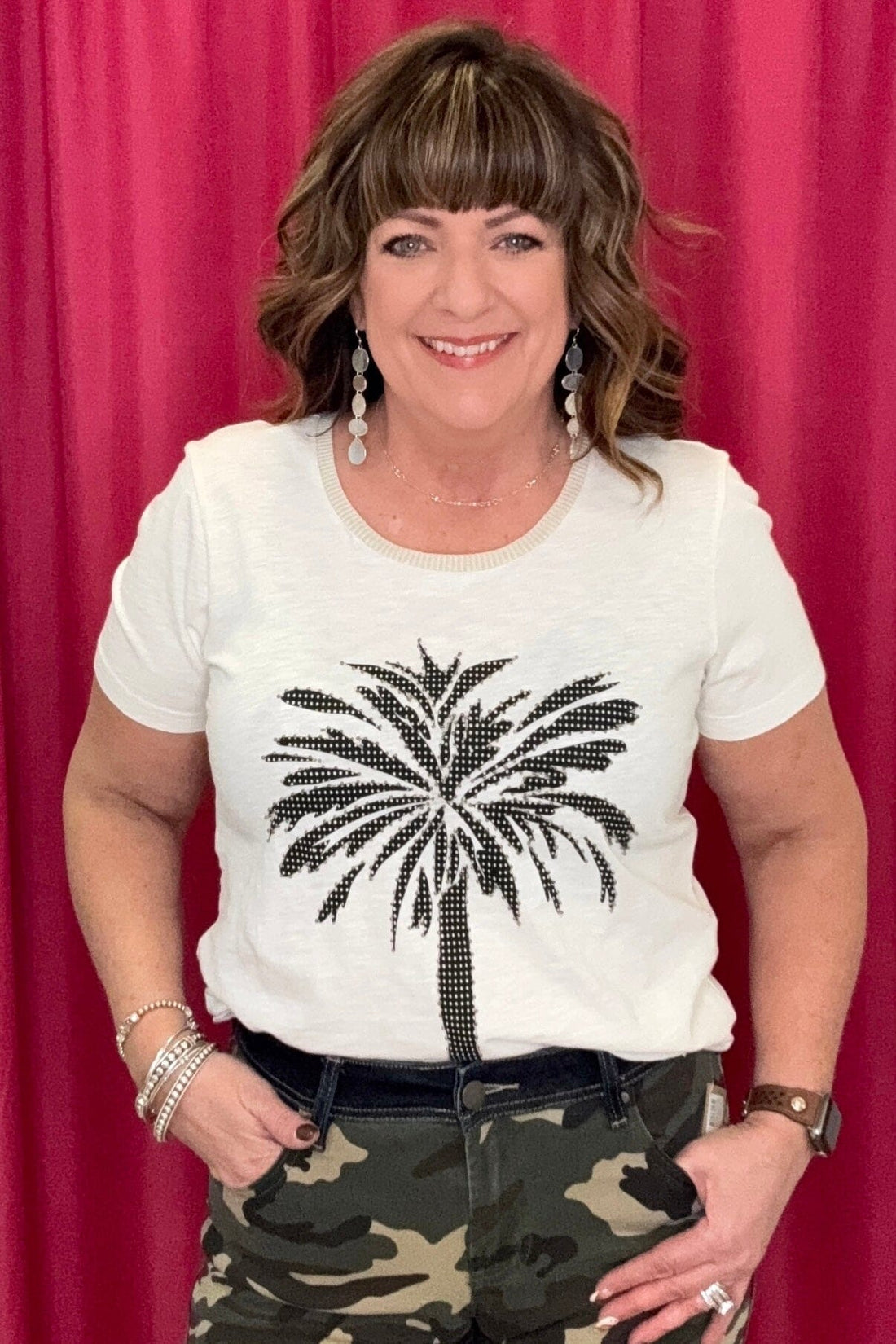 Short Sleeve Crew Neck Top w/Palm Tree MISSY TOP SPECIAL TRIBAL