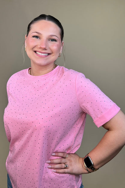 Short Rolled Sleeve Tee w/Colored Rhinestones JRTOP CASUAL TOP DAVI&amp;DANI 
