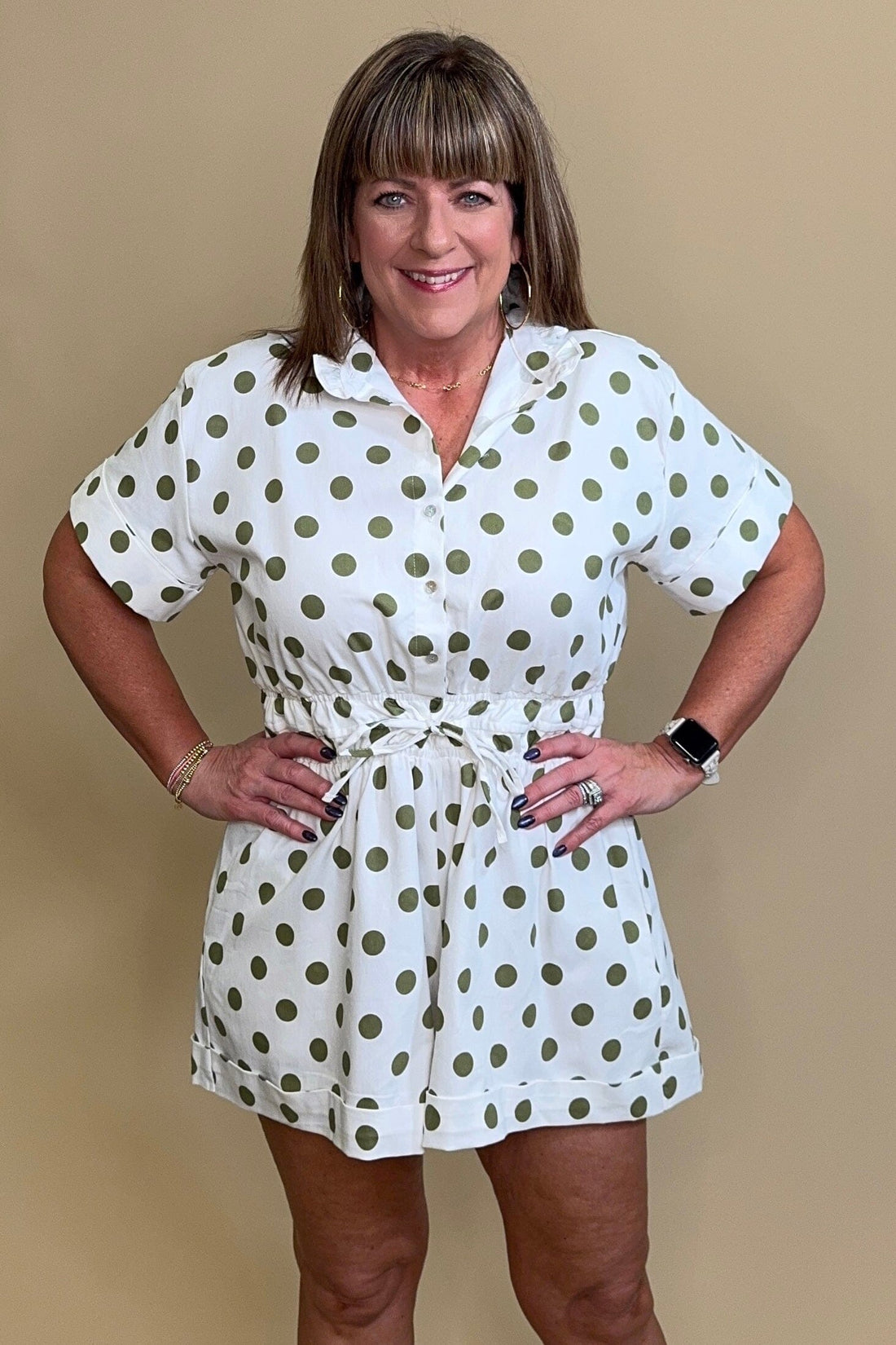 Ruffle Neck Button Down Elastic Waist Romper DRESS GLAM 