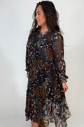 Mixed Print Drama Dress w/ Smocking Details DRESS:~~Unassigned~~ TRIBAL 