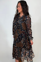 Mixed Print Drama Dress w/ Smocking Details DRESS:~~Unassigned~~ TRIBAL 