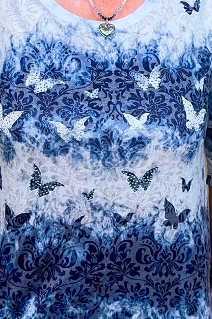 3/4 Slleve Printed Top w/Butterflies and Rhinestones MISSY TOP SPECIAL CREATION 