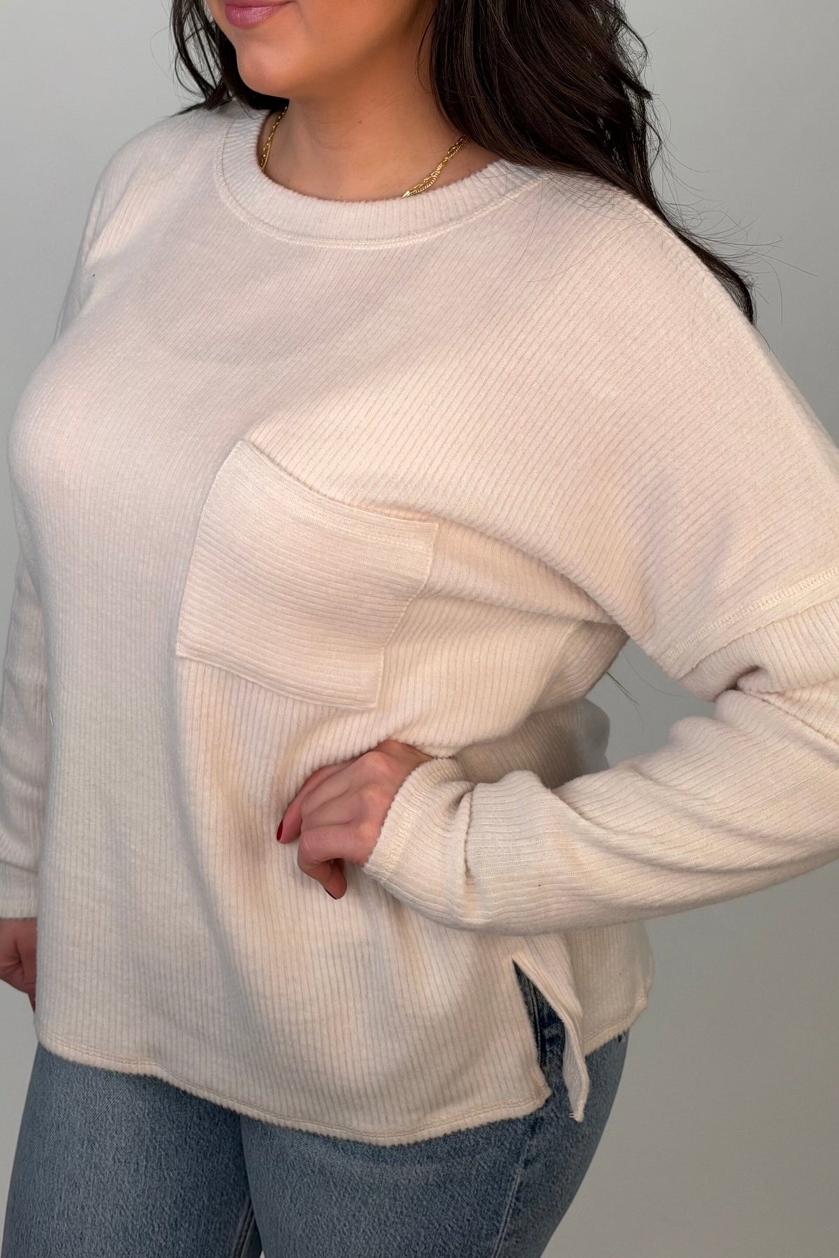 Ribbed Hacci Sweater w/ Pocket - Beige JRTOP CASUAL TOP:~~Unassigned~~ ZENANA 