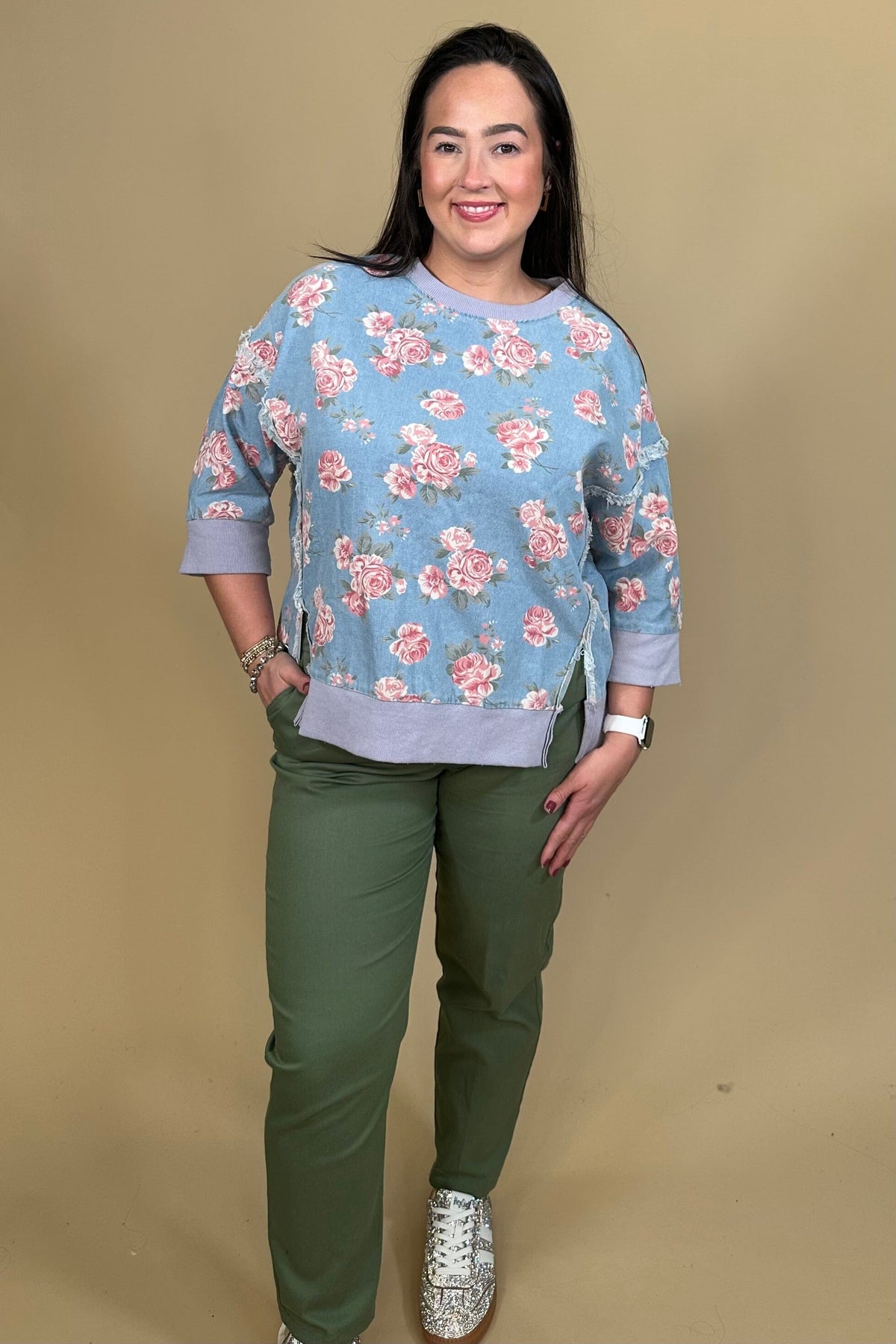Floral Print Denim Top JRTOP CASUAL TOP:~~Unassigned~~ SOUTHERN GRACE 
