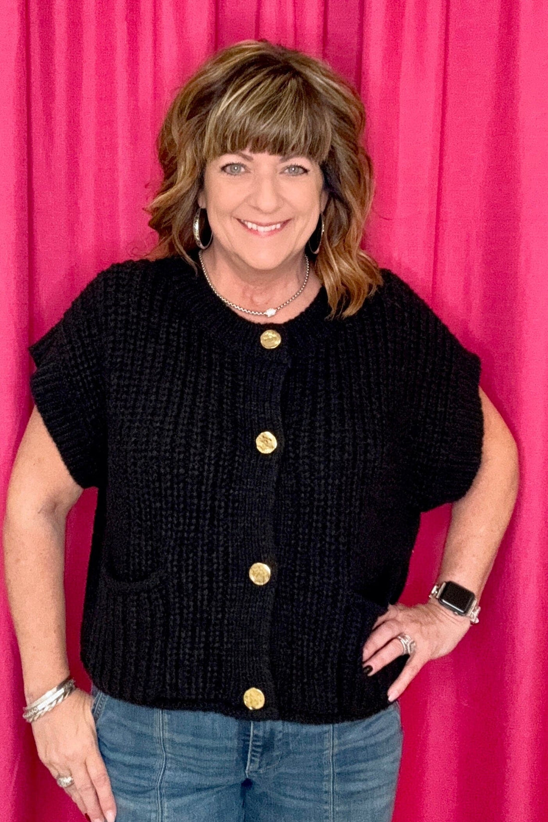 Cable Knit Vest w/Buttons &amp; Pockets JRTOP CASUAL TOP VERYJ 