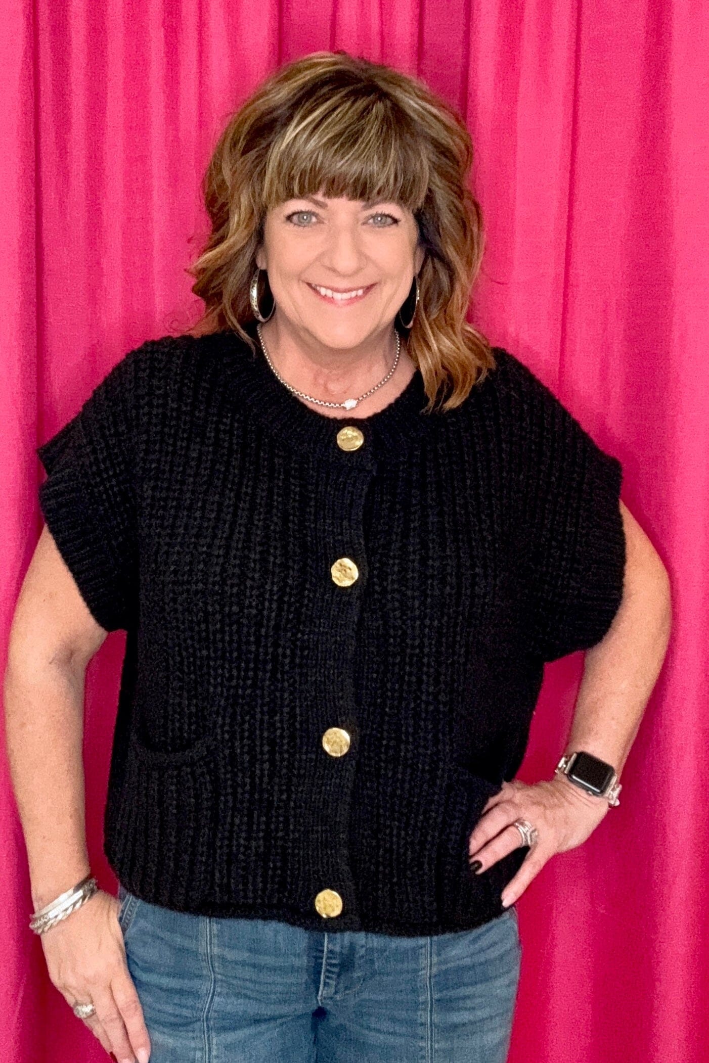 Cable Knit Vest w/Buttons &amp; Pockets JRTOP CASUAL TOP VERYJ 