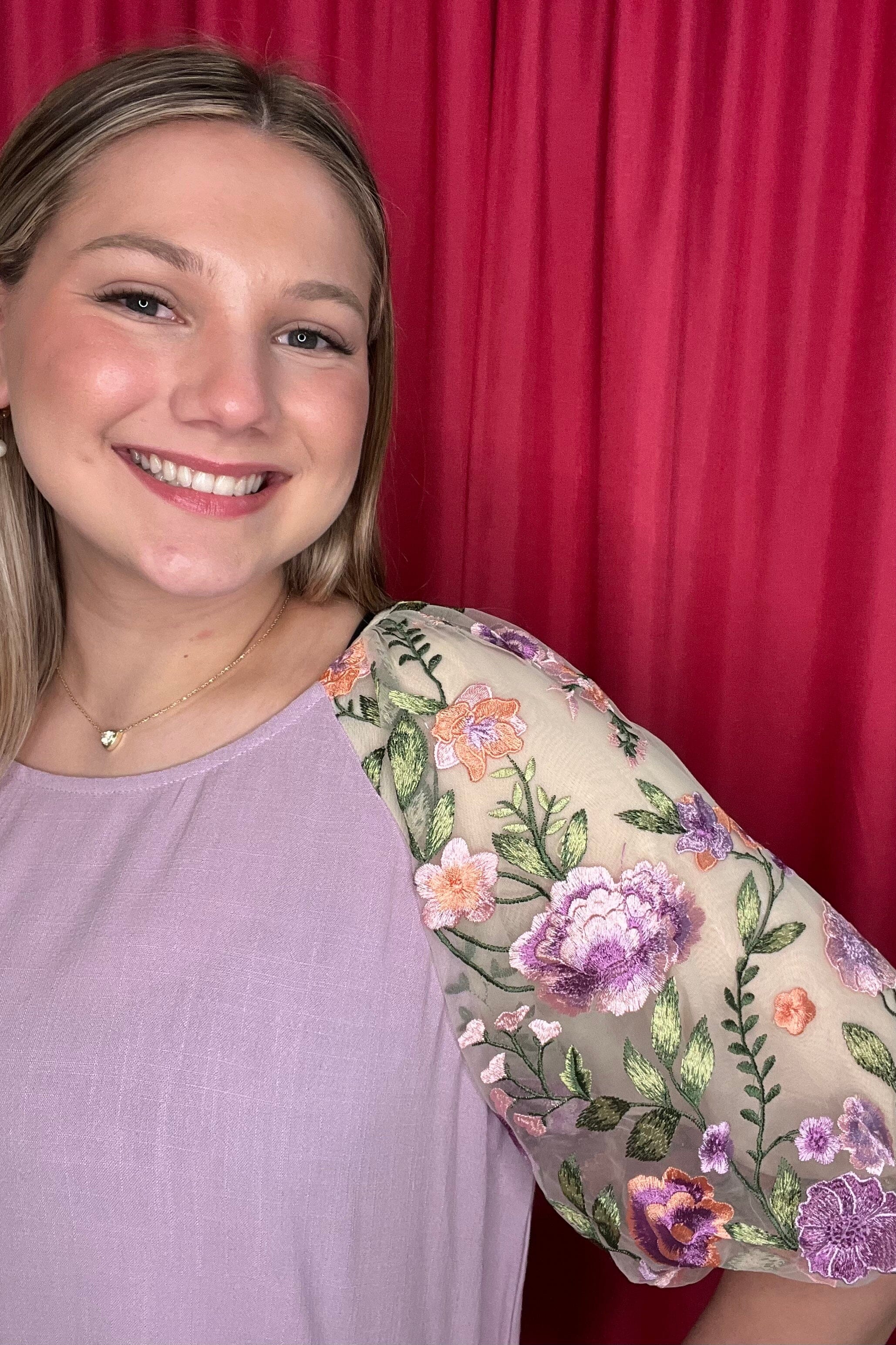 Linen Round Neck Boxy Cut Top w/Floral Embroidery Puff Sleeve JR TOP DRESSY UMGEE 