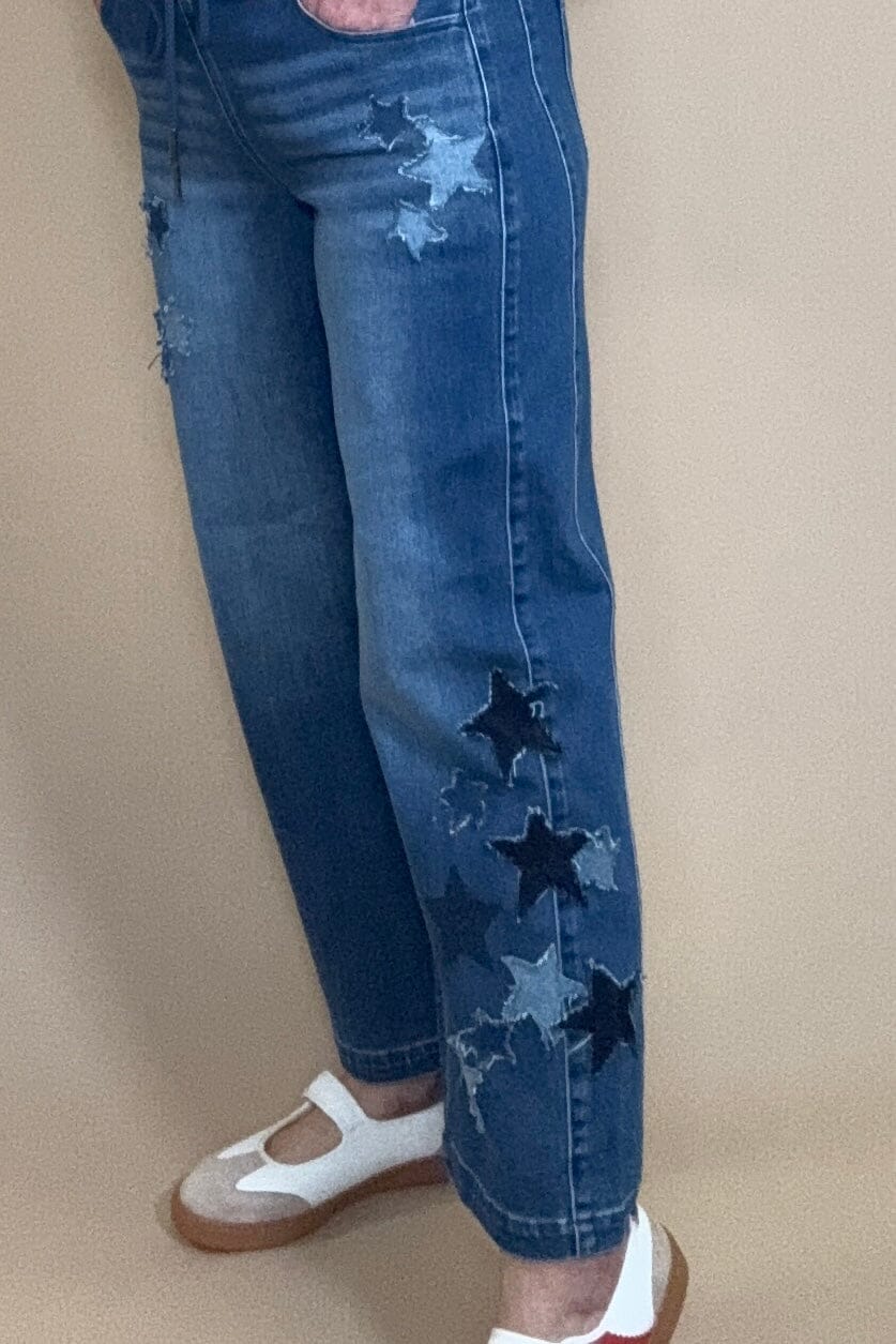 Elastic Band Slouchy Crop Barrel Star Patch Detail Jeans BOTTOMS RISEN 