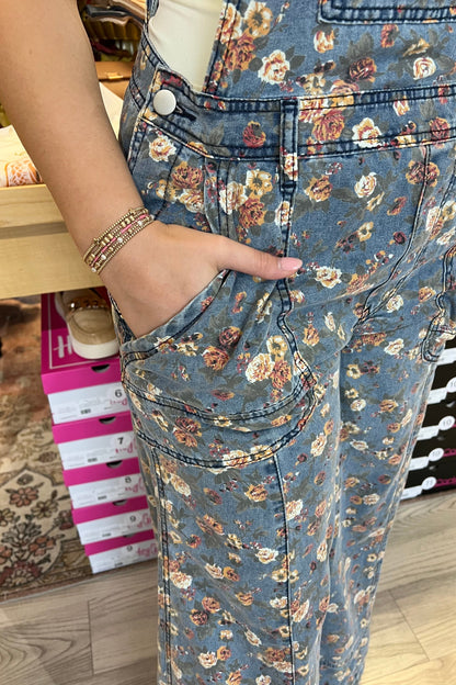 Spaghetti Strap Flower Print Denim Romper DRESS BLUEVELVET 