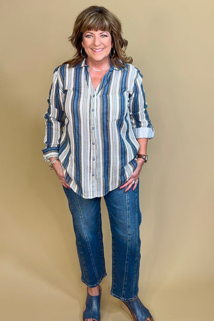 Striped Button Down w/Pocket MISSY TOP SPECIAL KEREN HART 