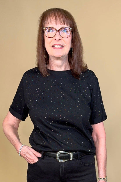 Black Short Rolled Sleeve Tee w/Colored Rhinestones JRTOP CASUAL TOP DAVI&amp;DANI 