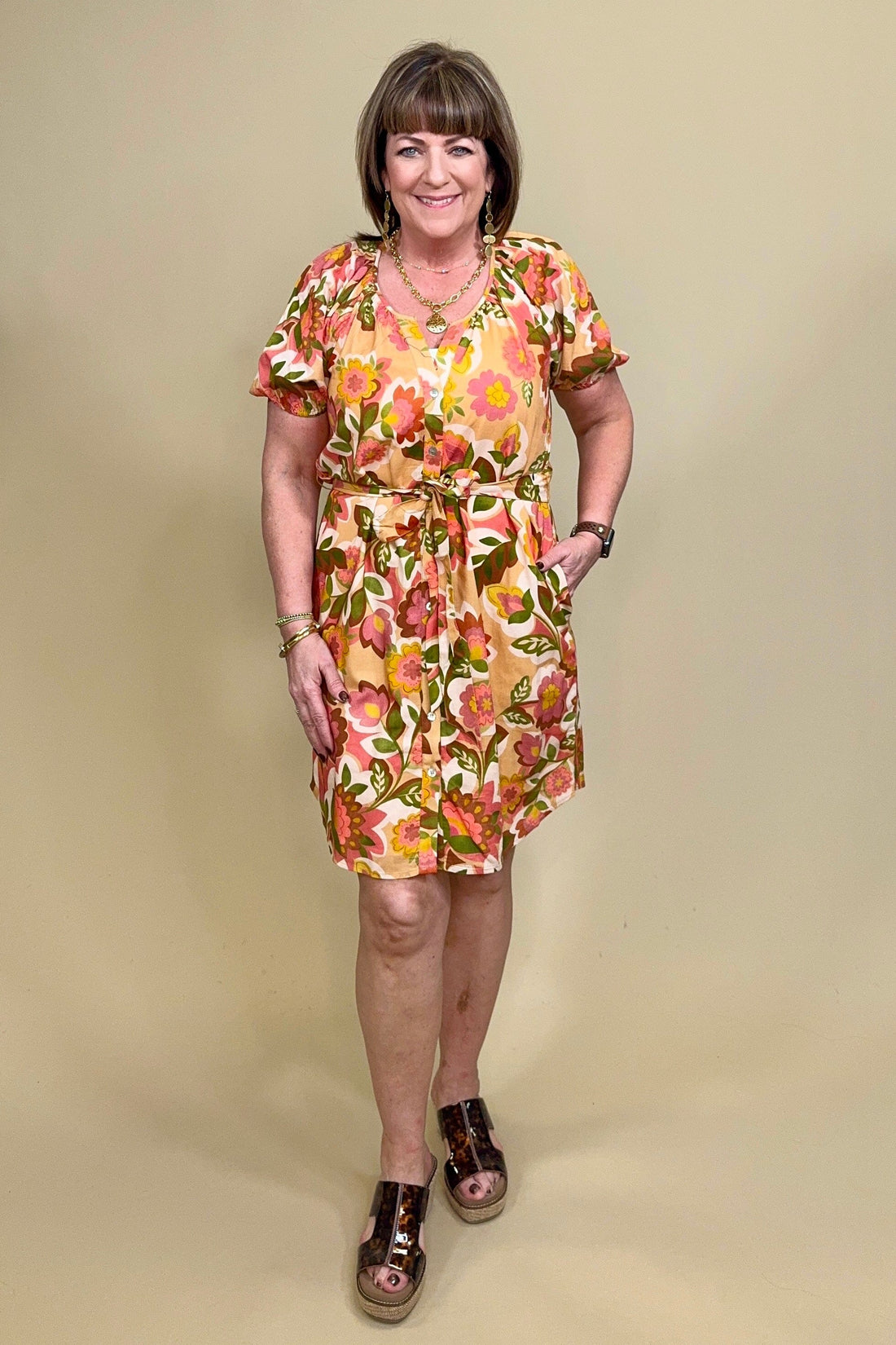 Short Slv Button Front Woven Dress DRESS LIVERPOOL