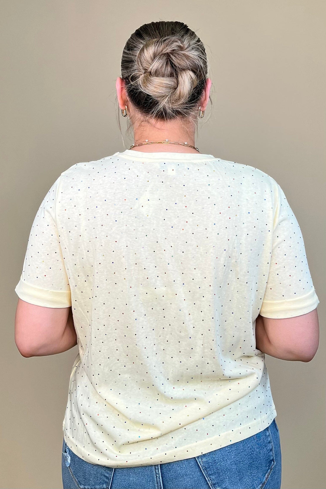 Short Rolled Sleeve Tee w/Colored Rhinestones JRTOP CASUAL TOP DAVI&amp;DANI 