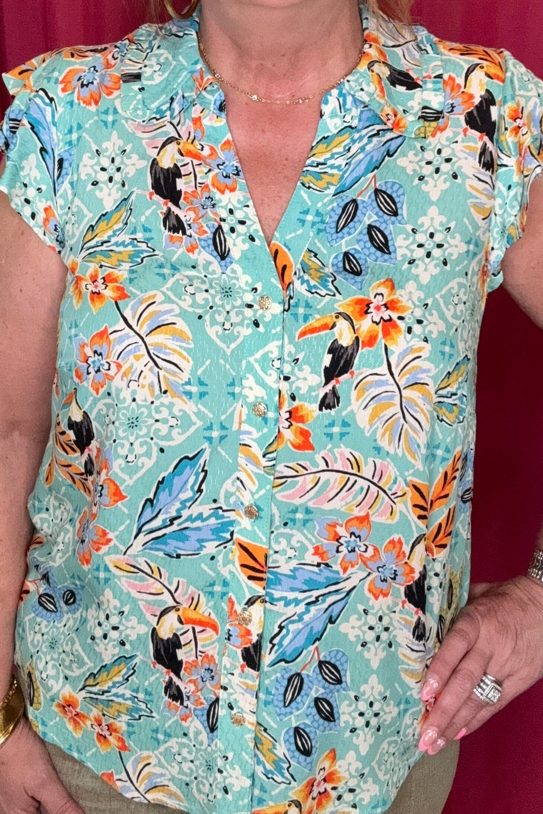 Double Flutter Cap Sleeve Button Down Print Top MISSY TOP SPECIAL DEMOCRACY 