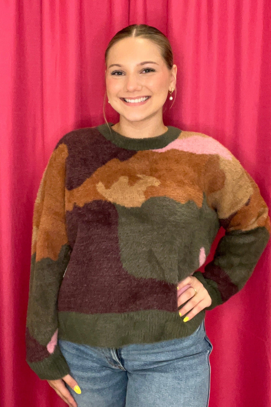 Long Sleeve Crew Neck Intarsia Sweater MISSY TOP SPECIAL TRIBAL