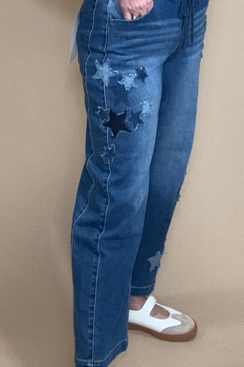 Elastic Band Slouchy Crop Barrel Star Patch Detail Jeans BOTTOMS RISEN 