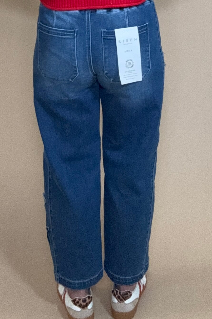 Elastic Band Slouchy Crop Barrel Star Patch Detail Jeans BOTTOMS RISEN 