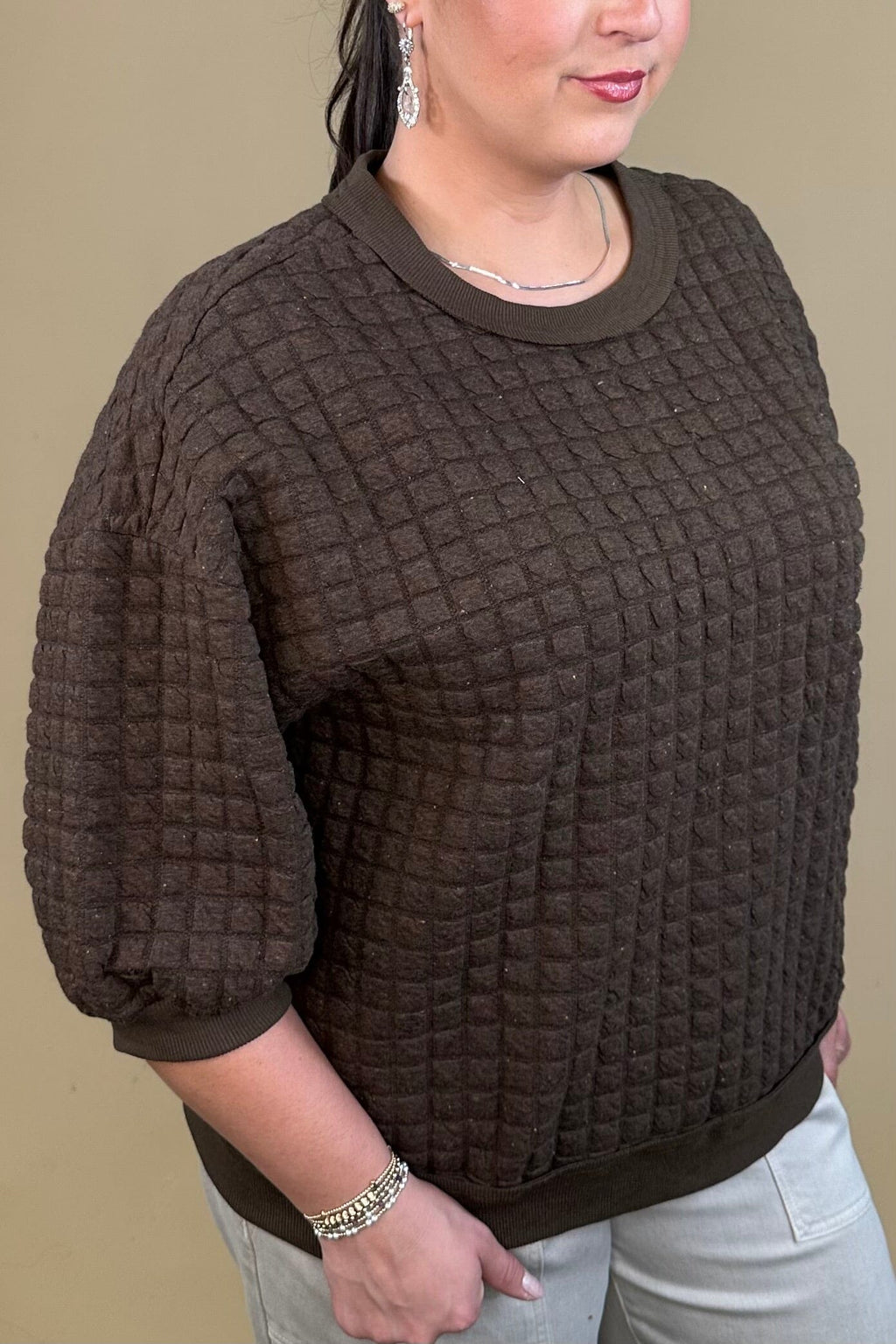 Confetti Quilted 3/4 Sleeve Pullover JRTOP CASUAL TOP:~~Unassigned~~ UMGEE 