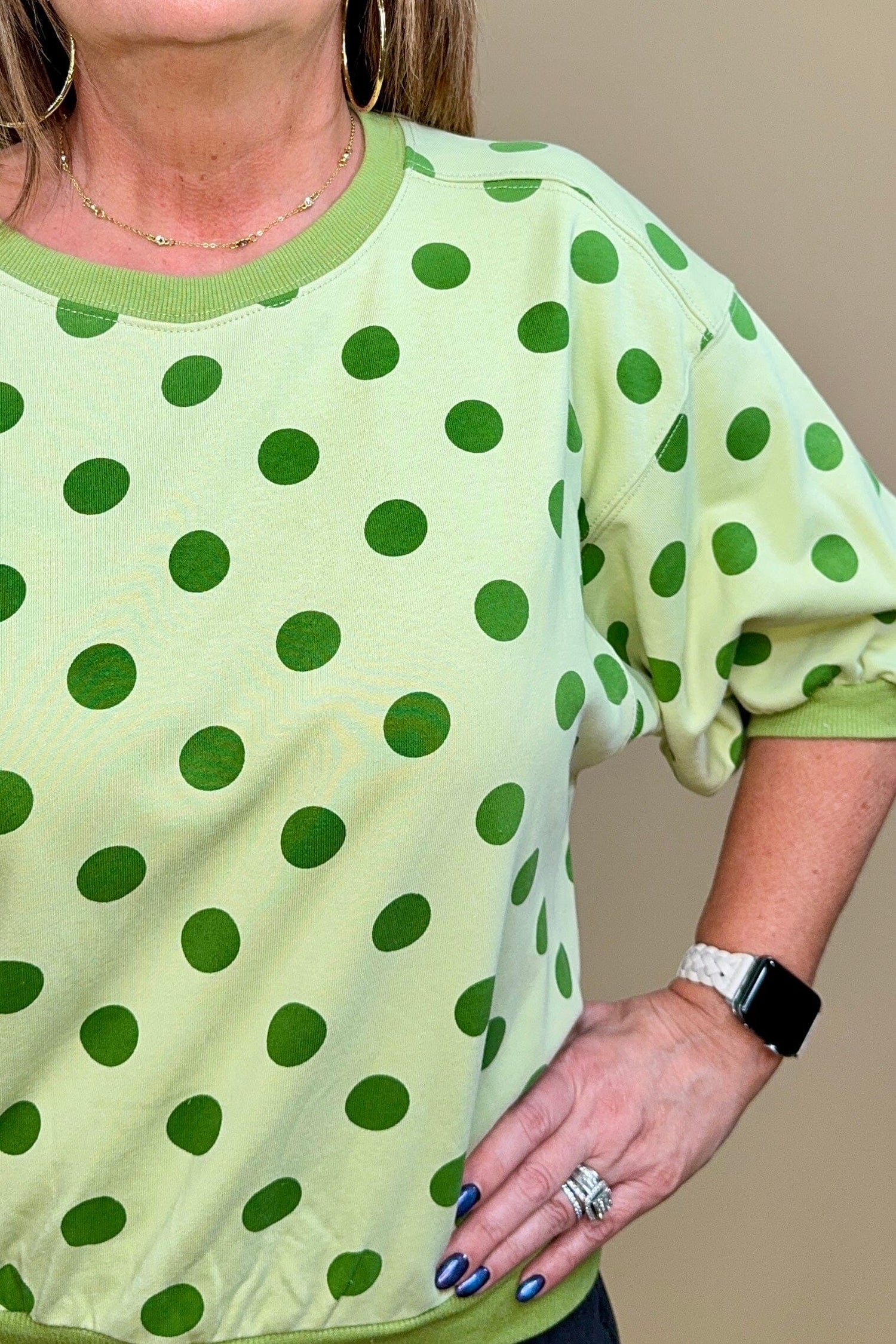 Round Neck Bubble Sleeve Polka Dot Sweatshirt JRTOP CASUAL TOP GLAM 