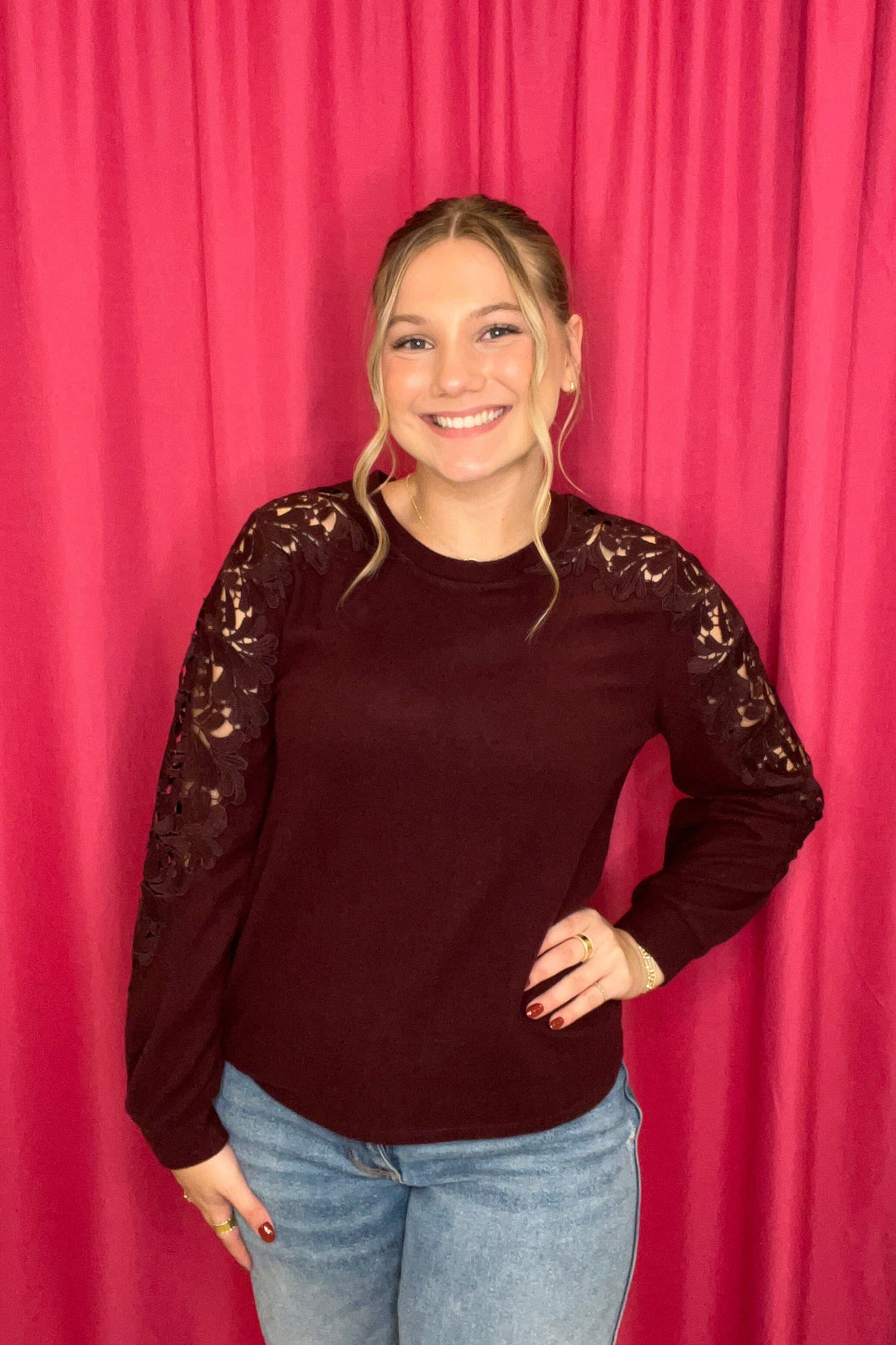 Long Sleeve Crew Neck Lace Insert Top MISSY TOP SPECIAL LIVERPOOL 