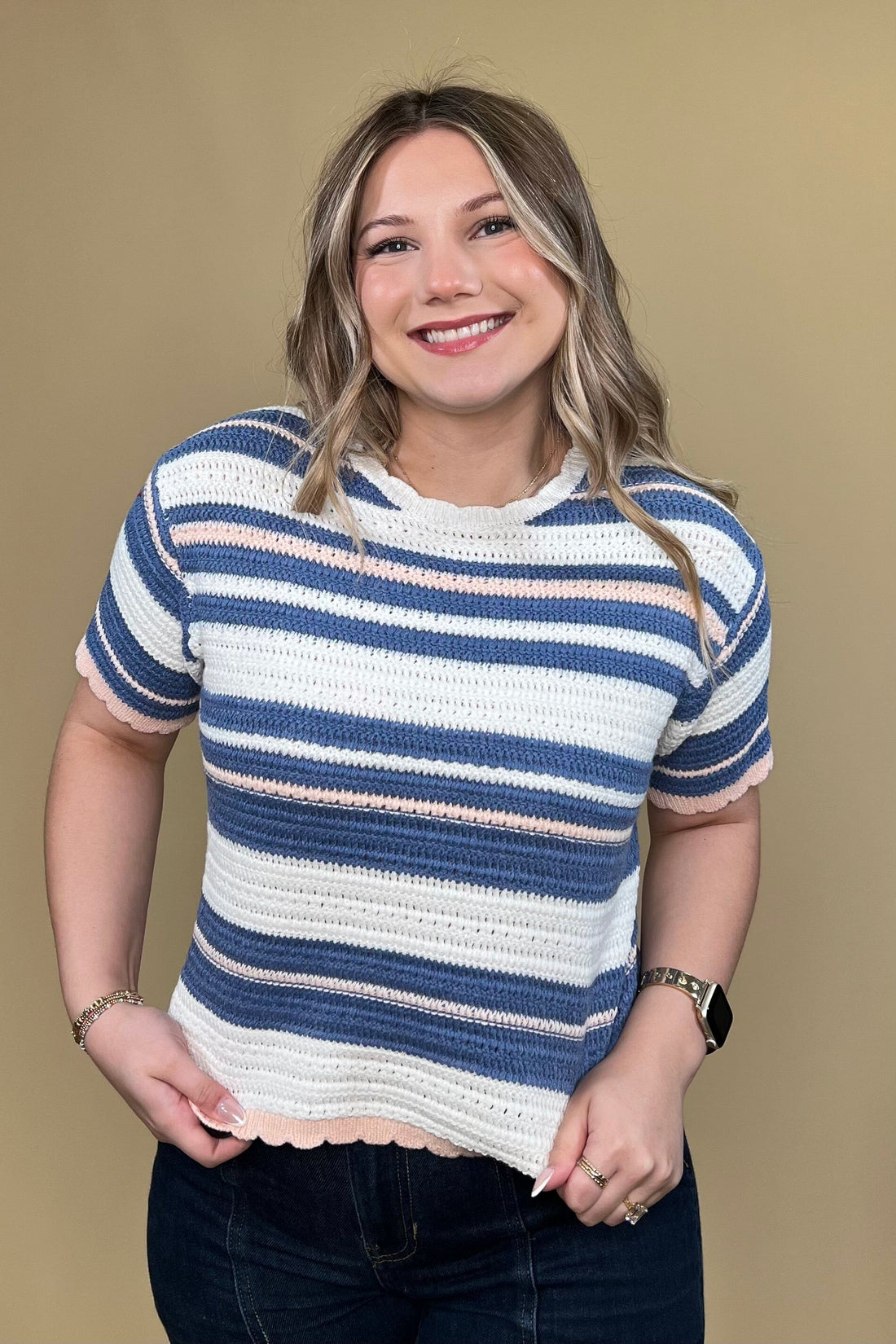 Short Sleeve Textured Weave Stripe Sweater JRTOP CASUAL TOP HEM AND THREAD 