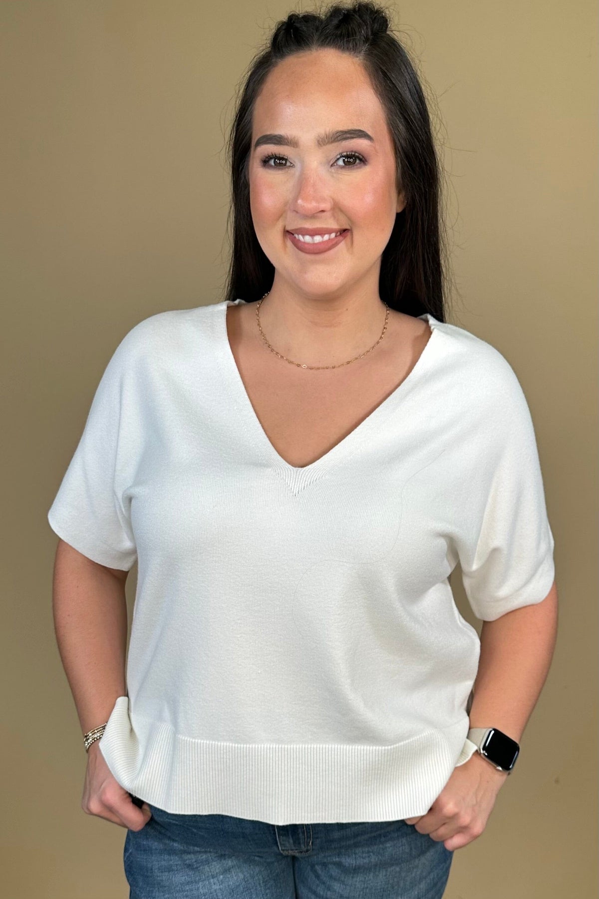 Short Sleeve V-Neck Dolman Sweater - Whipped Cream MISSY BASIC KNIT:LPTRUNKFALL26 LIVERPOOL 