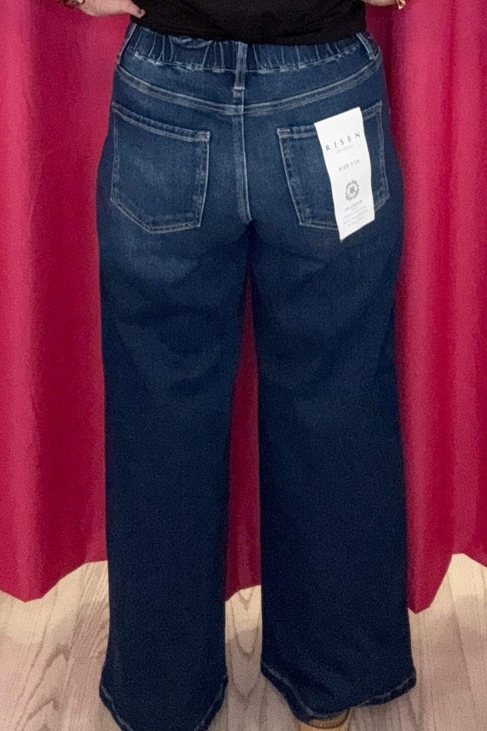 Elastic Mid Rise Wide Leg Jeans w/Side Pintuck Detail &amp; Drawstring JEANS RISEN 