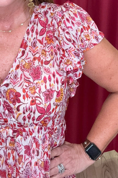 Floral Print V-Neck Ruffle Dress w/Side Waist Tassel DRESS UMGEE 