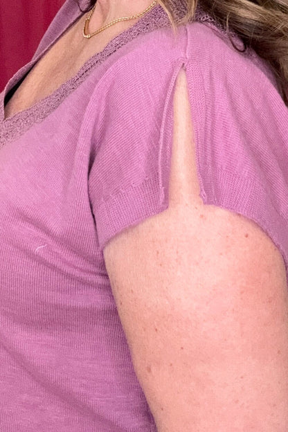 Short Split Sleeve Embroidered Lace V-Neck Sweater MISSY TOP SPECIAL DEMOCRACY 