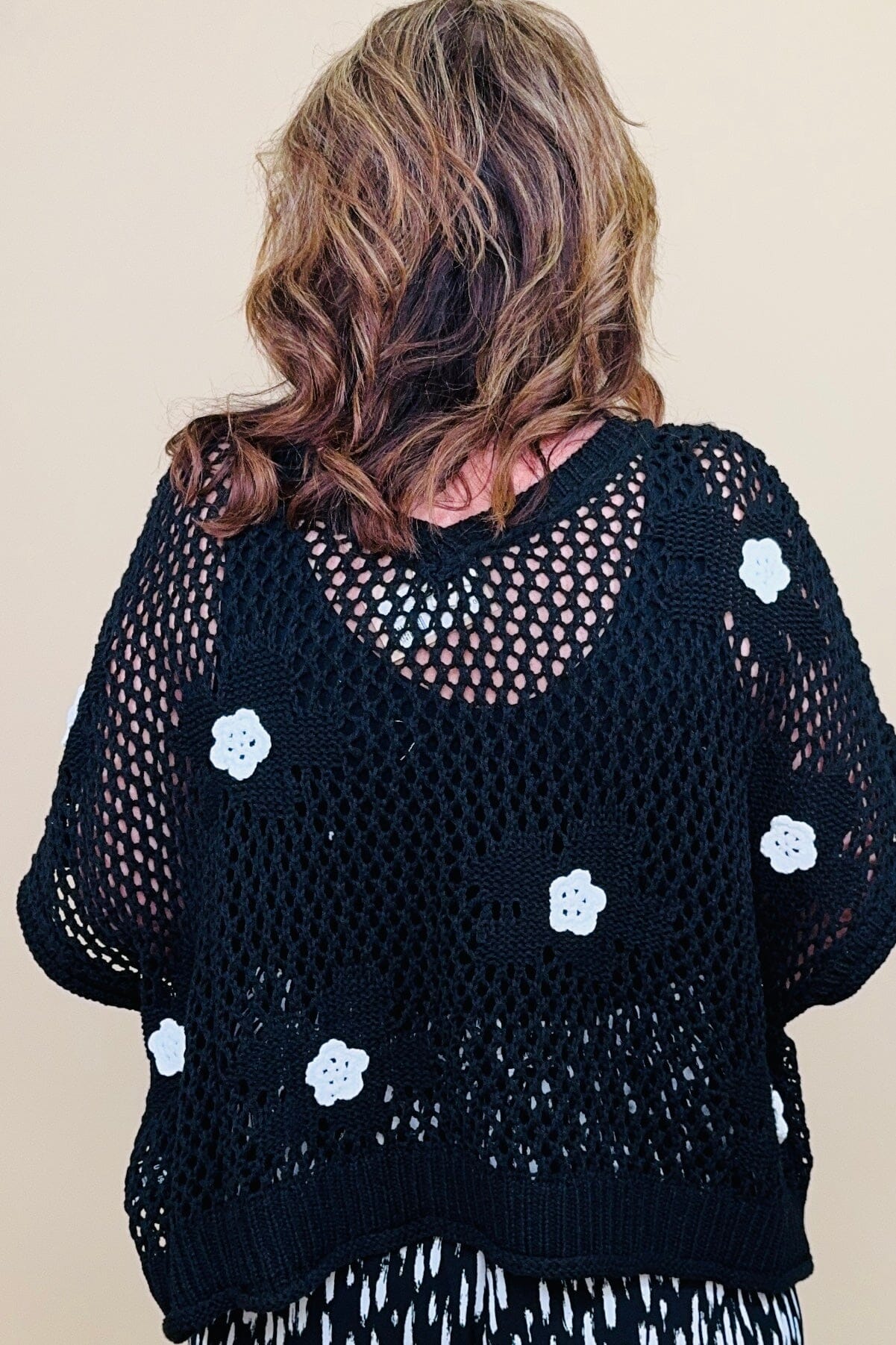 V-Neck Cotton Sweater w/Crocheted Flowers JRTOP CASUAL TOP POL CLOTHING 