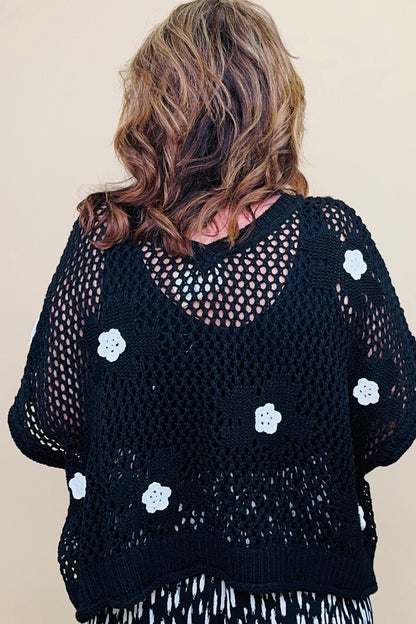 V-Neck Cotton Sweater w/Crocheted Flowers JRTOP CASUAL TOP POL CLOTHING 