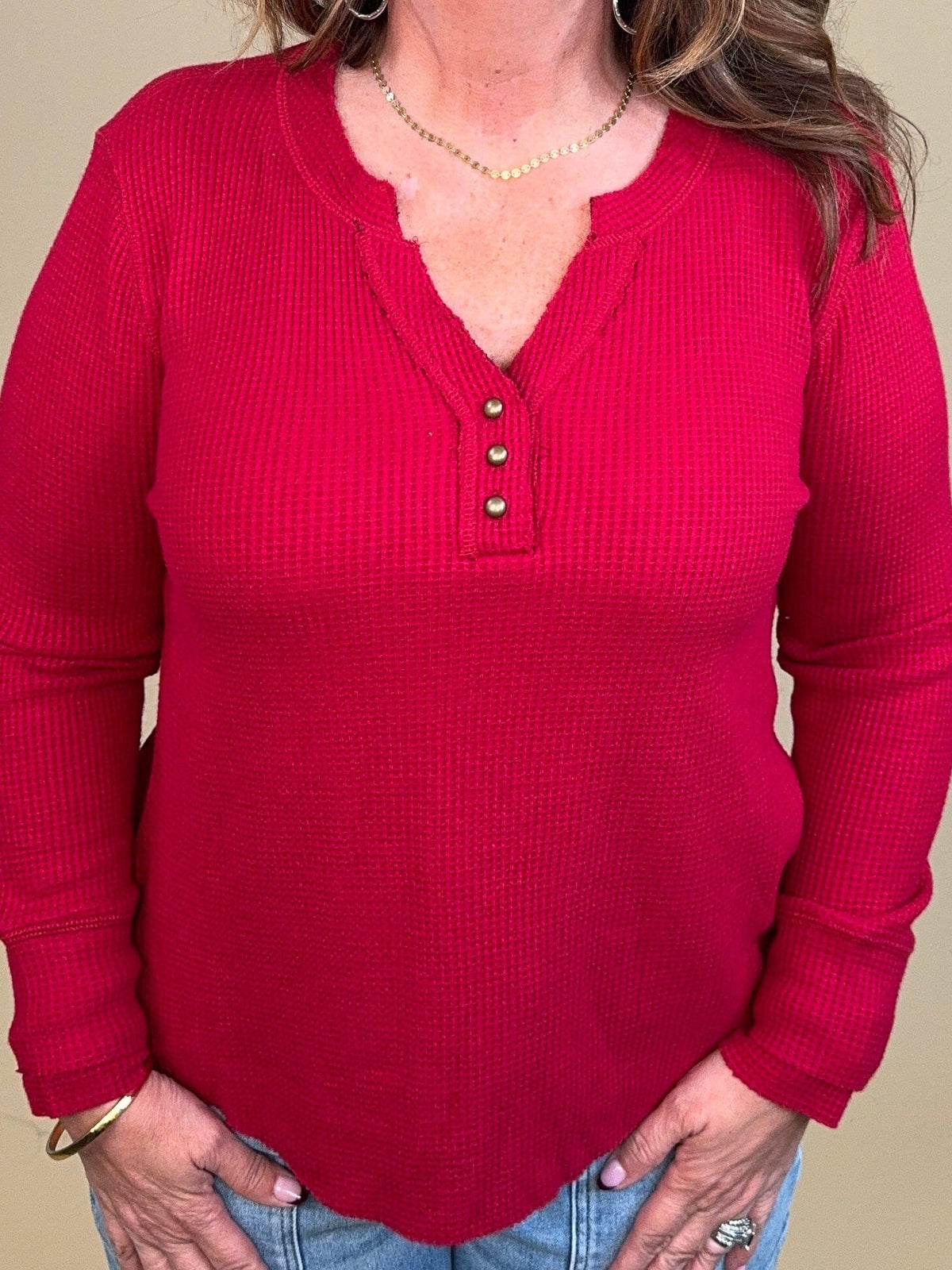 Brushed Waffle Knit Henley Long Sleeve Top - Pinot MISSY BASIC KNIT:~~Unassigned~~ TRIBAL 