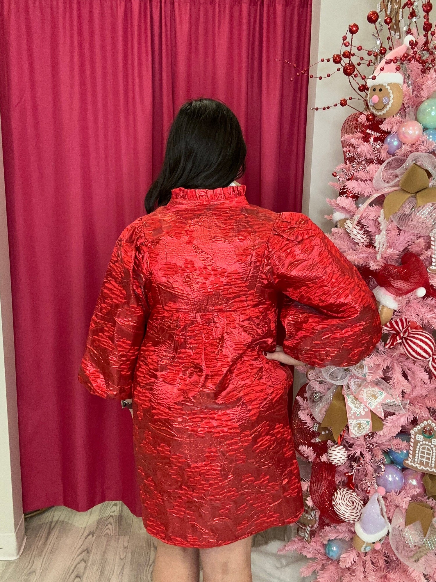 Metallic Short Puff Sleeve V-Neck Dress DRESS JODIFL 