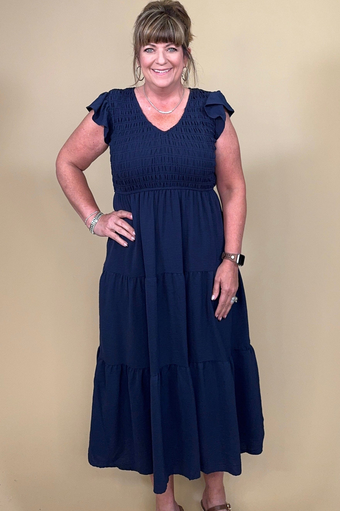Flutter Sleeve V Neck Smocked Midi Dress DRESS BLUPEPPER