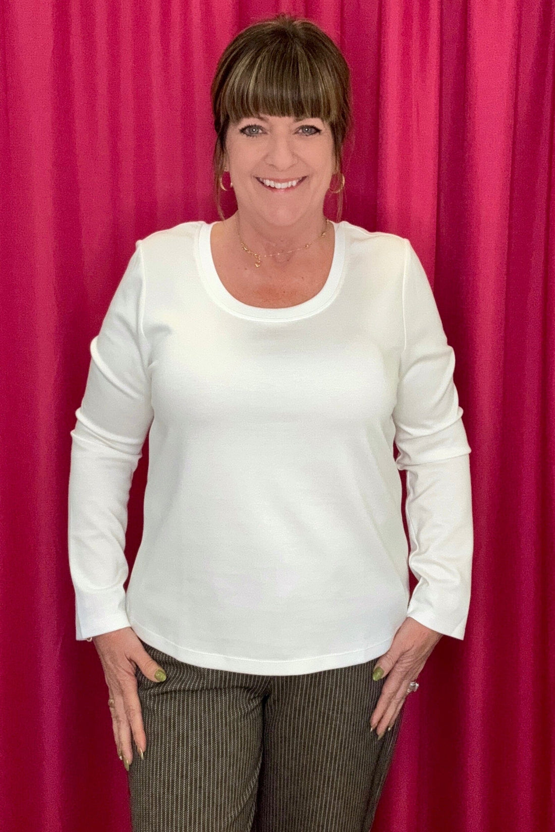 Long Sleeve Scoop Neck Knit Top MISSY BASIC KNIT LIVERPOOL WHT XS