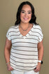 Striped V Neck Cuff Sleeve Top - Cream JRTOP CASUAL TOP:~~Unassigned~~ BLUPEPPER 